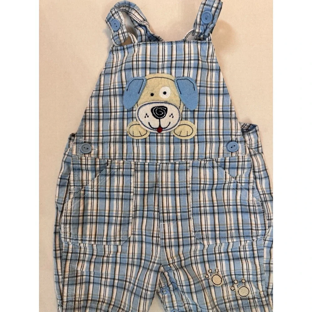 Vintage B.T. Kids Boys Plaid Blue Overalls Puppy Size 18‎ Months